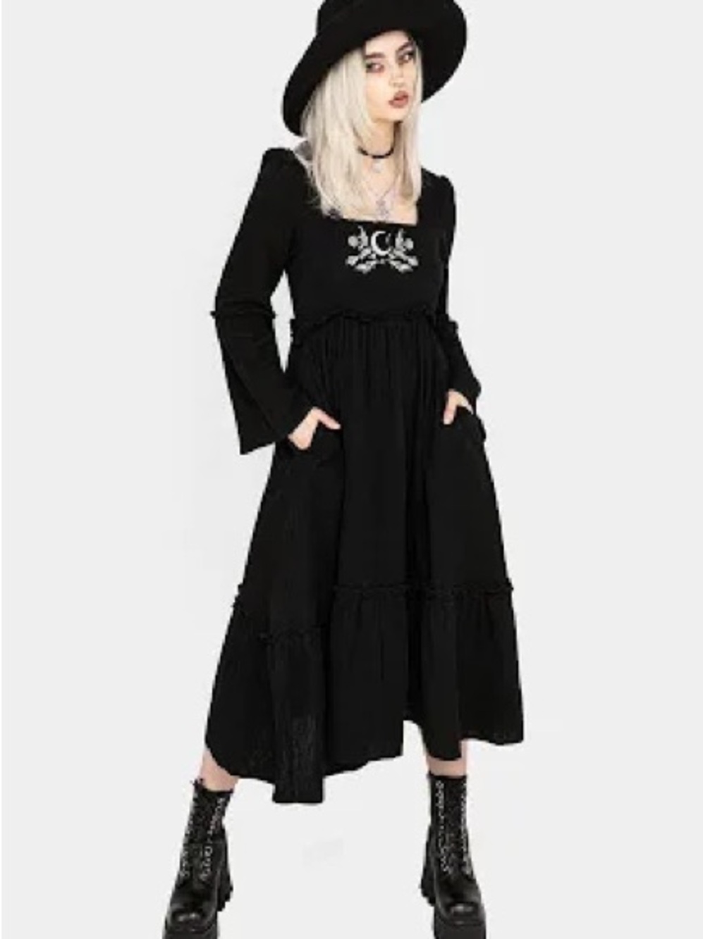 Disturbia Black Midi Dress with Lunar Embroidery
